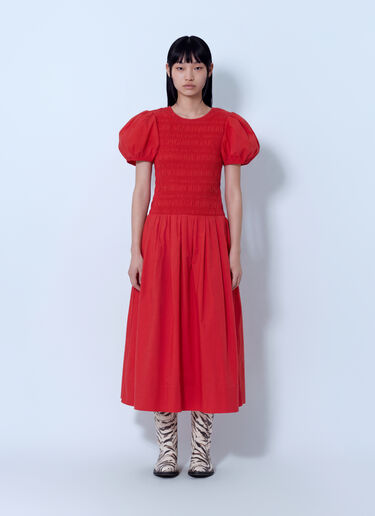 LN-CC® - GANNI: Stretch Cotton Long Smocked Pleated Dress - Red GANNI Stretch Cotton Long Smocked Pleated Dress Red gan0265037