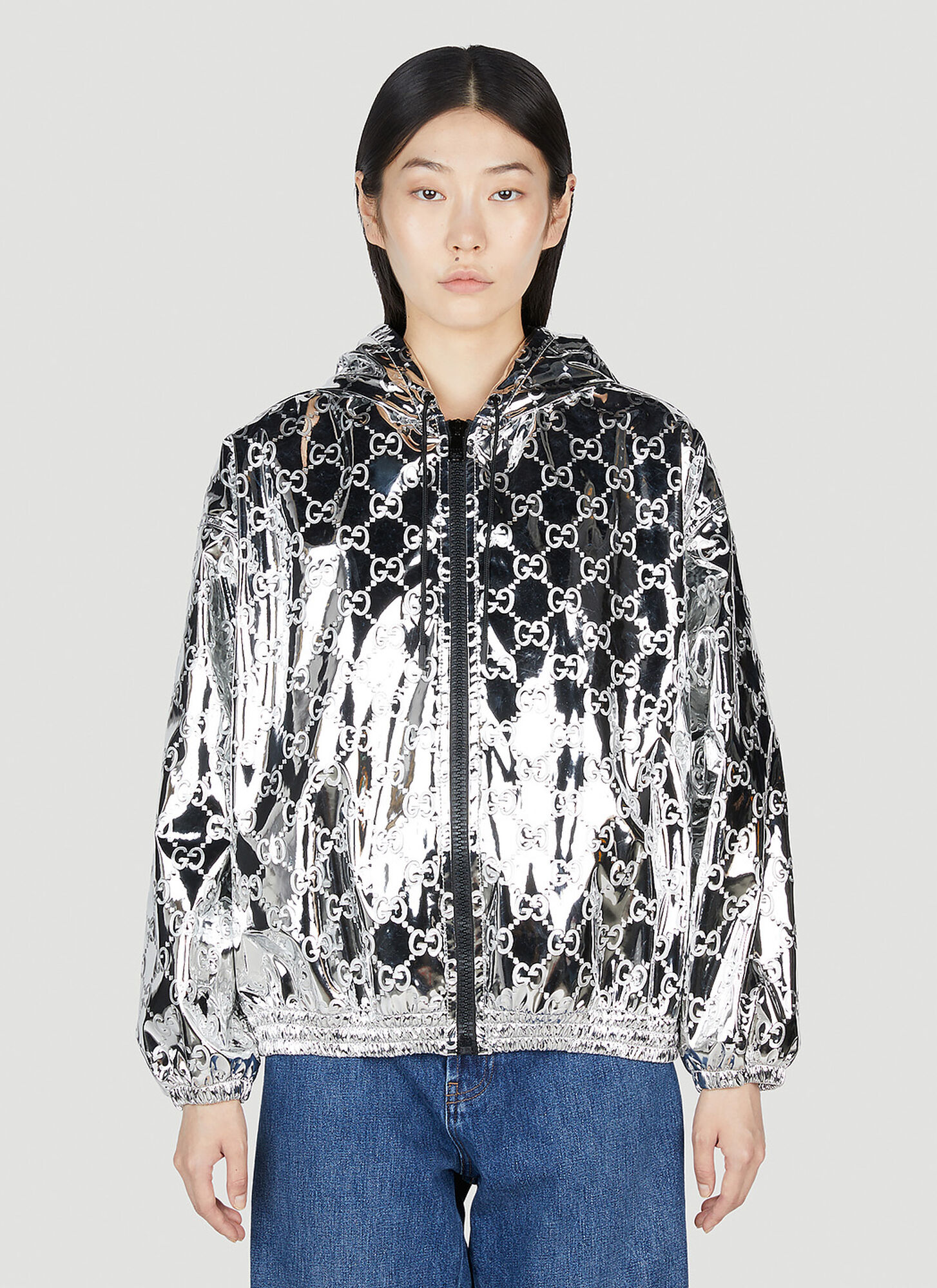 Shop Gucci Gg Embossed Bomber Jacket In Silver