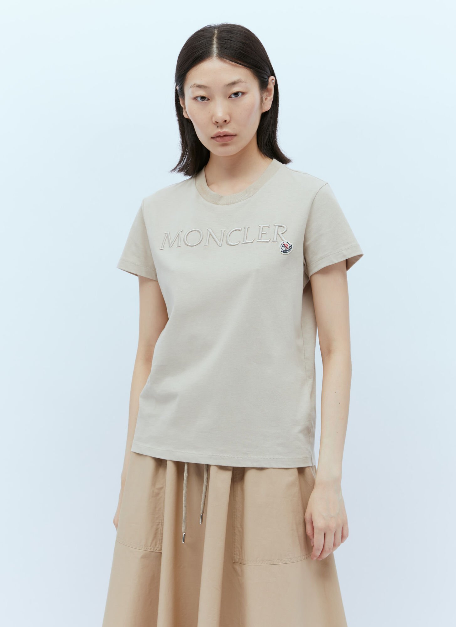 Shop Moncler Logo Embroidery T-shirt In Beige