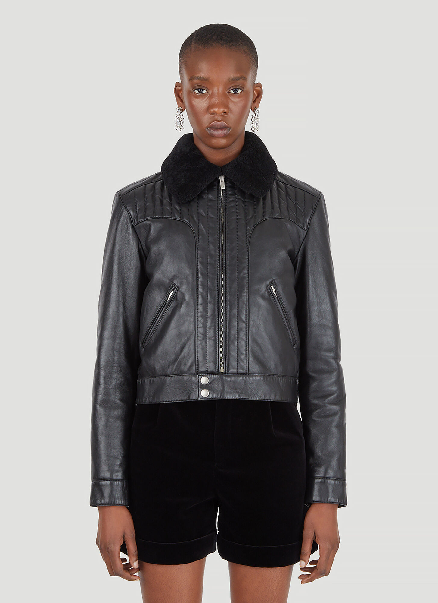 Saint Laurent Shearling Leather Jacket Female Black
