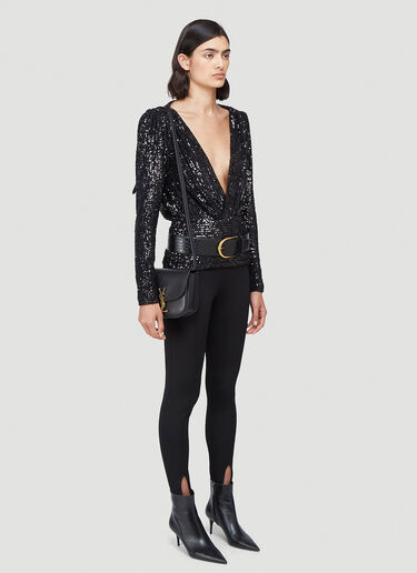 Saint Laurent Deep V-Neck Sequinned Top Black sla0240004