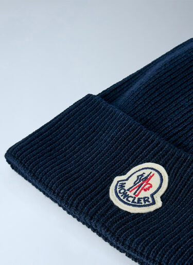 LN-CC® - Moncler: Ribbed Knit Beanie with Logo Patch - Navy Moncler Ribbed Knit Beanie with Logo Patch Navy mon0166048