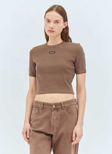 Miu Miu Logo Patch Ribbed T-Shirt Brown miu0259014