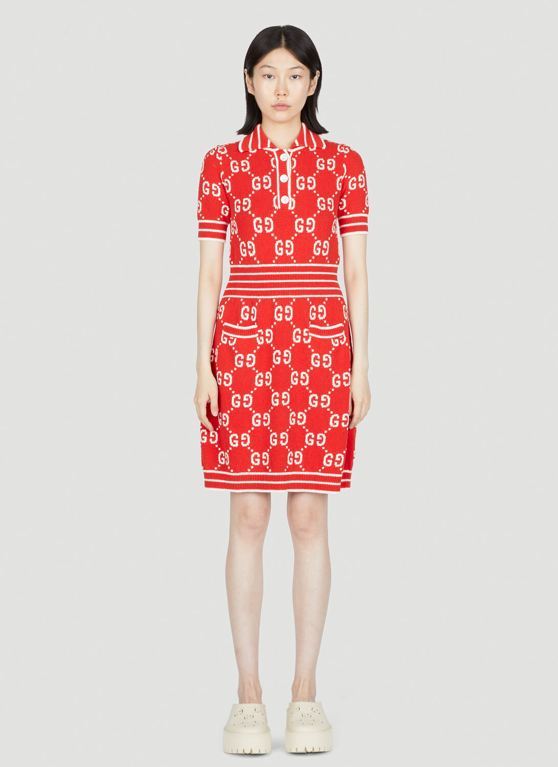 Shop Gucci Gg Jacquard Polo Dress In Red