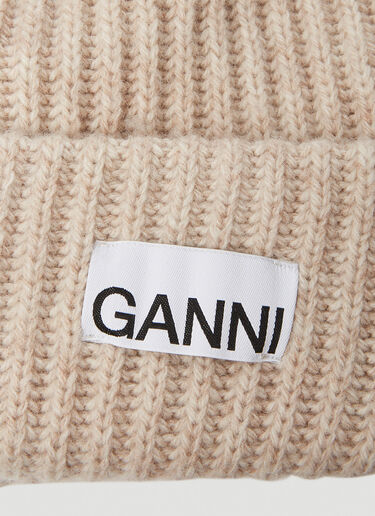 GANNI Logo Patch Ribbed Beanie Hat Beige gan0250049