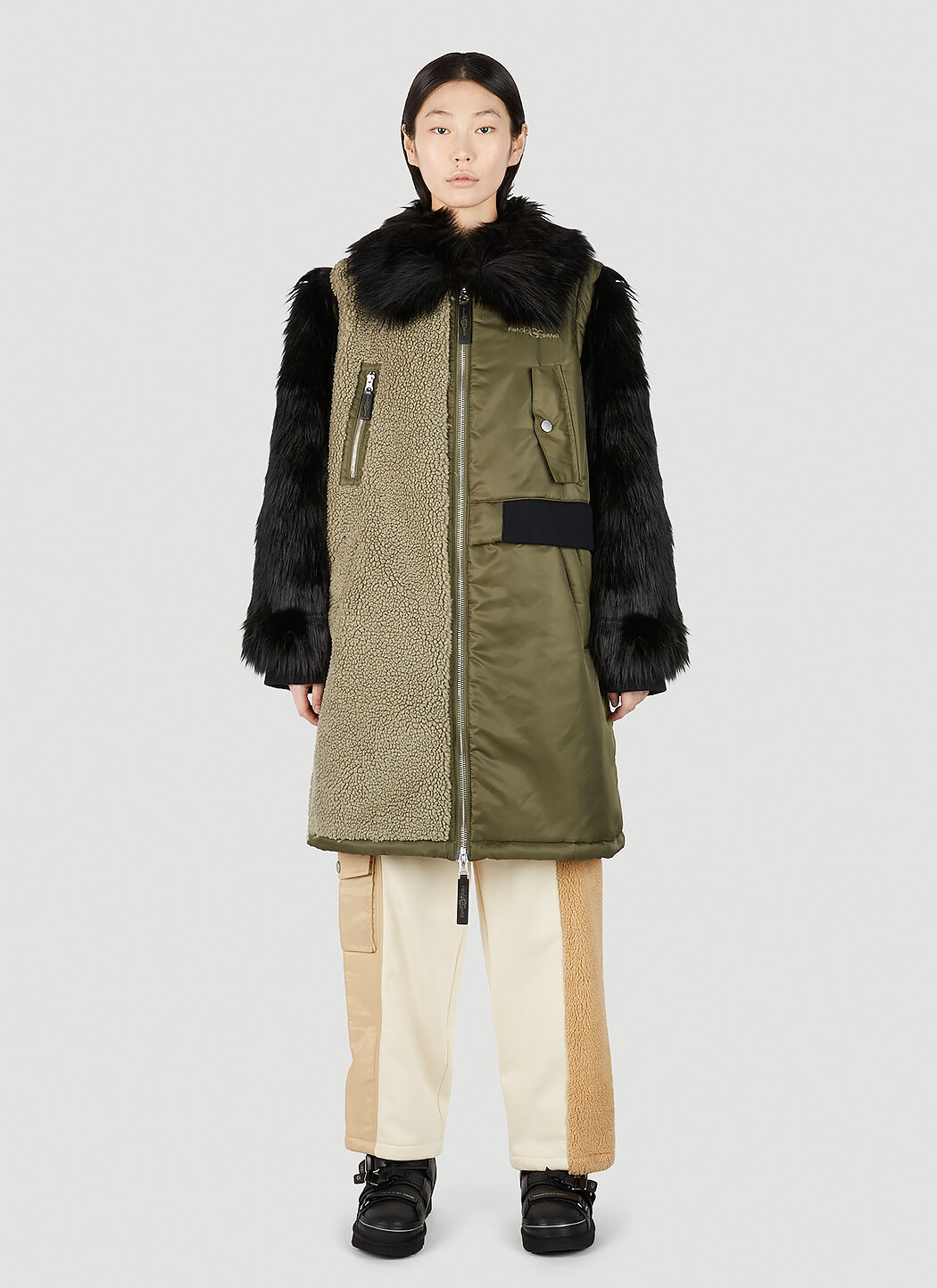 UGG x Feng Chen Wang Faux-Fur Sleeve Long Coat Beige ufc0251002