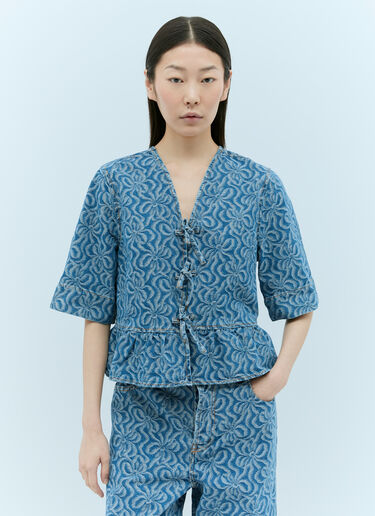 GANNI 提花牛仔荷叶边系带衬衫 蓝色 gan0255017