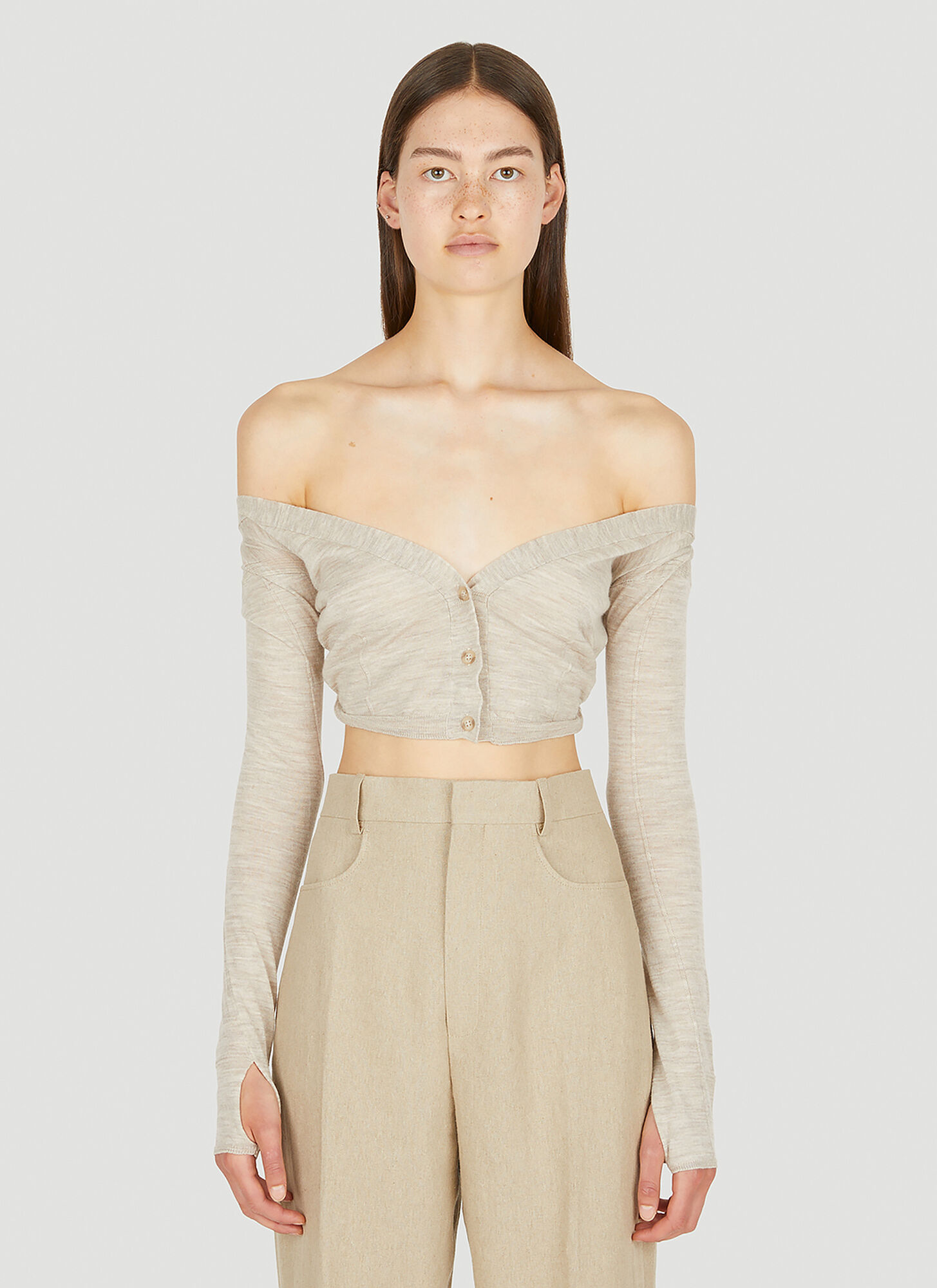 Jacquemus Cropped Off-the-shoulder Cardigan In Beige