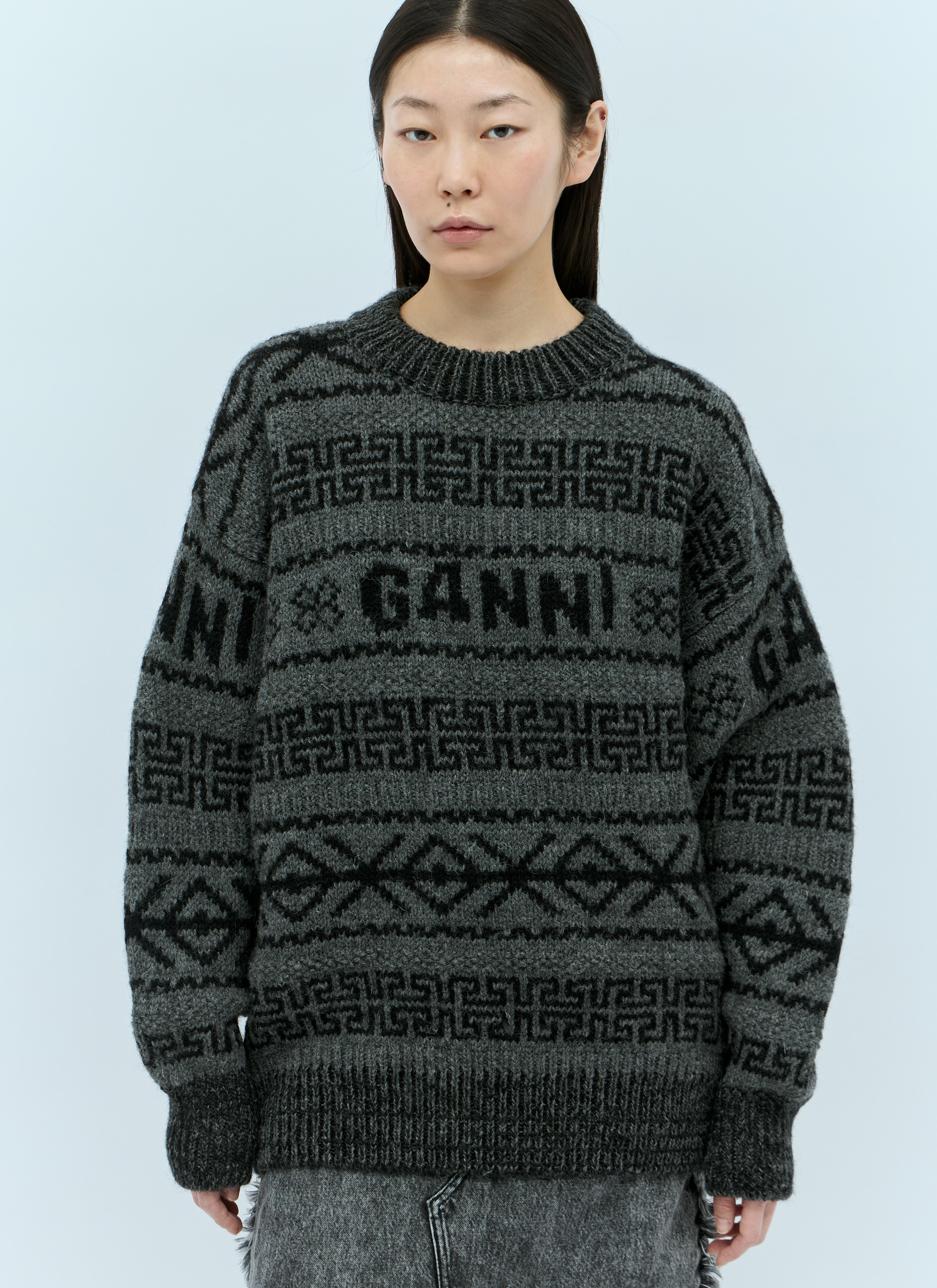 GANNI Logo Jacquard Wool Sweater in Black fur Damen LN CC