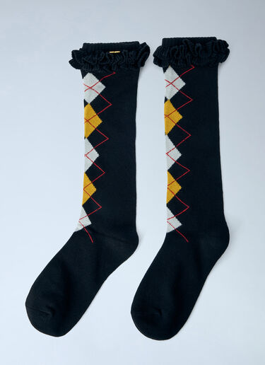 LN-CC® - GANNI: Argyle Ruffle Cuff Socks - Black GANNI Argyle Ruffle Cuff Socks Black gan0265046