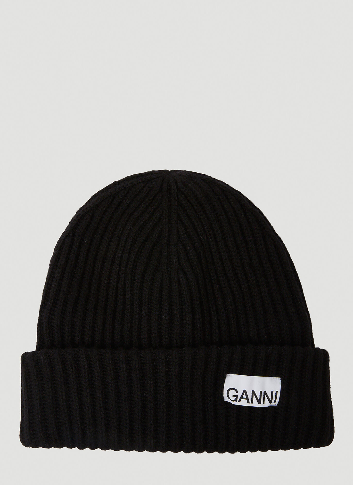 Shop Ganni Logo Patch Ribbed Beanie Hat In Black