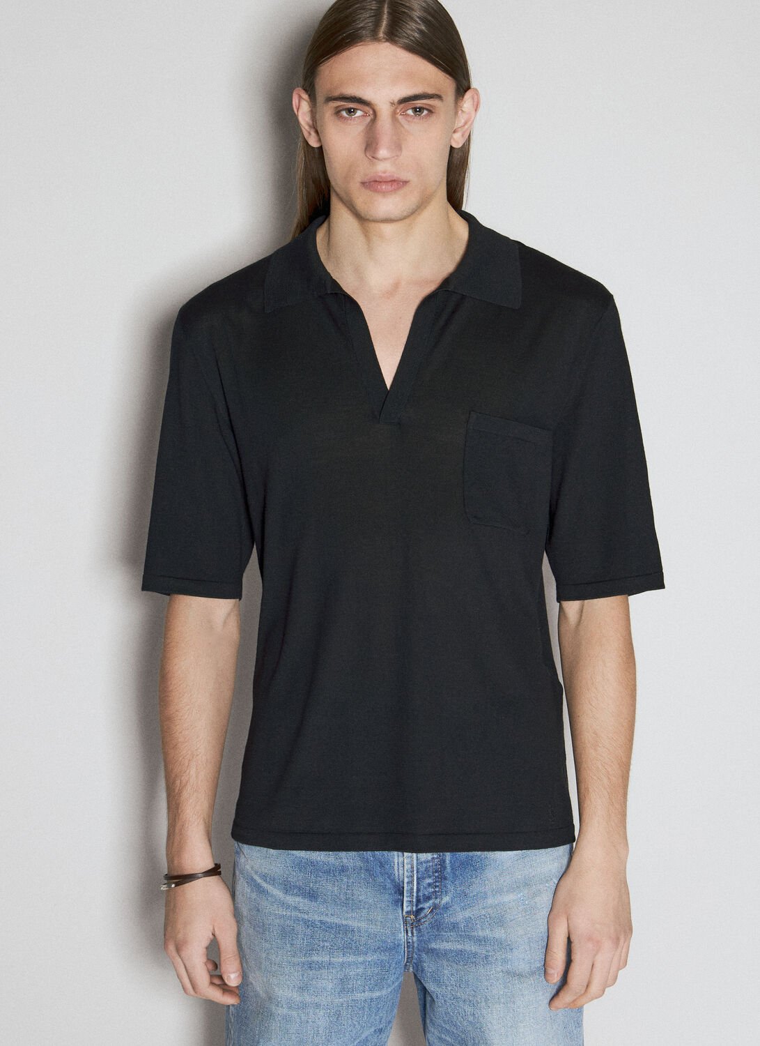 Shop Saint Laurent Wool Knit Polo Shirt In Black
