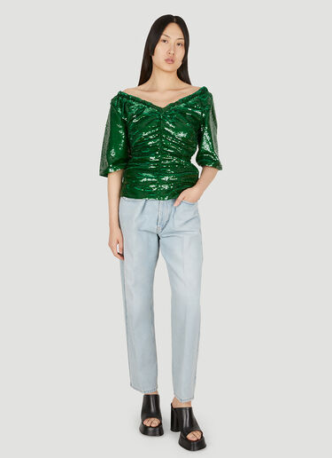 GANNI Ruched Sequin Top Green gan0249011