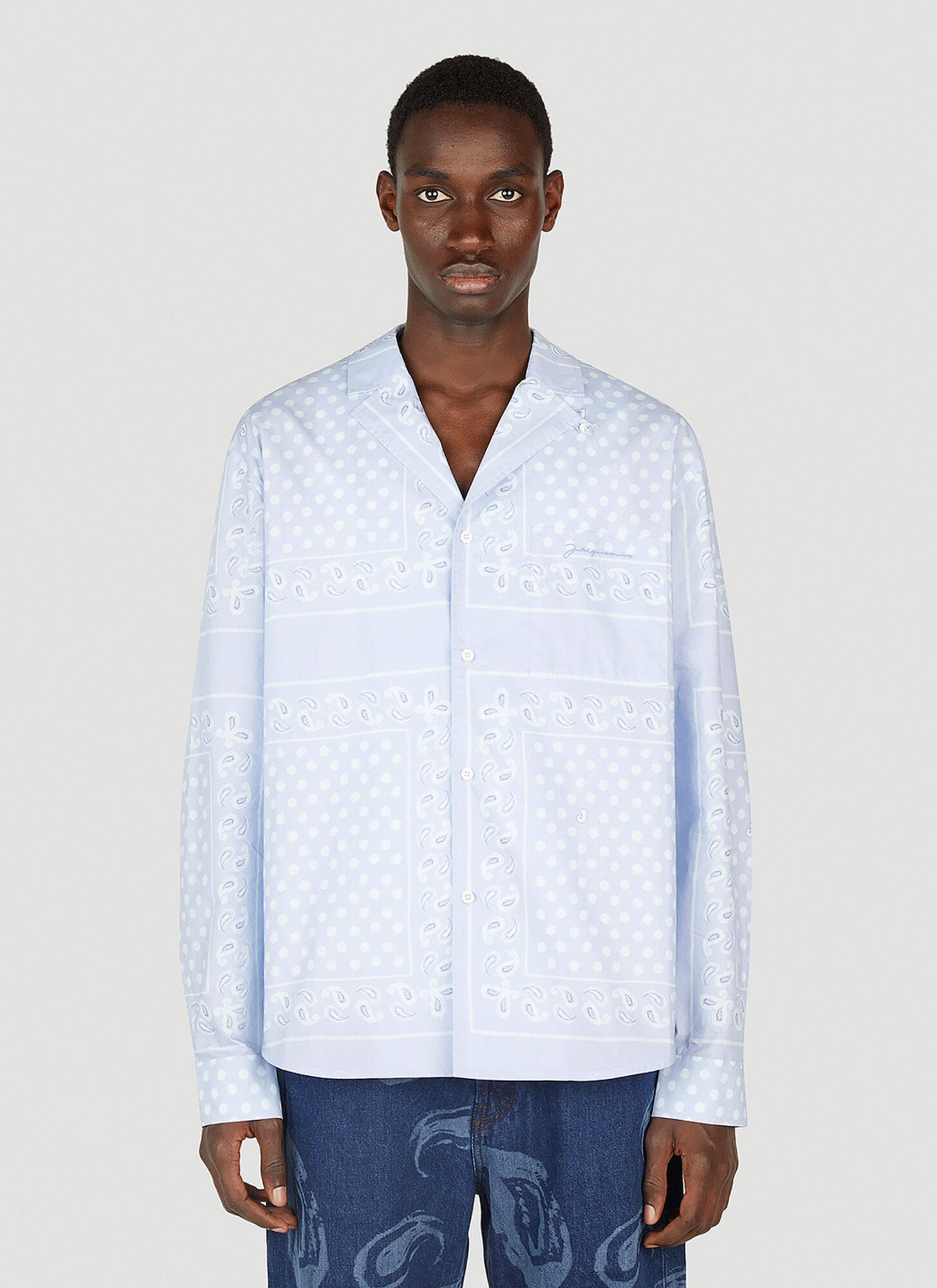 Jacquemus Patchwork Long-sleeve Shirt With Classic Collar In Light Blue