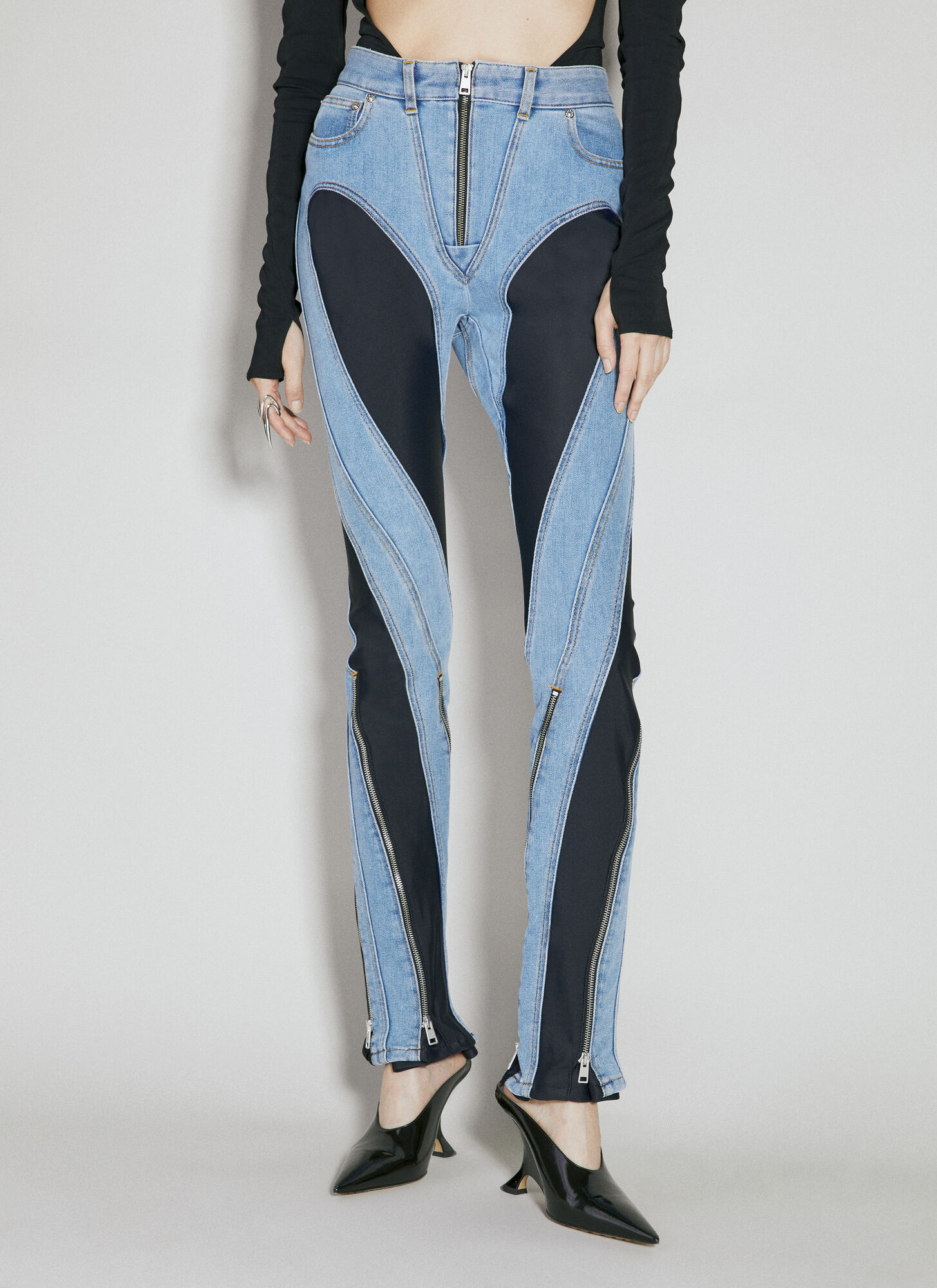 Shop Mugler Slited Bi-material Spiral Jeans In Blue