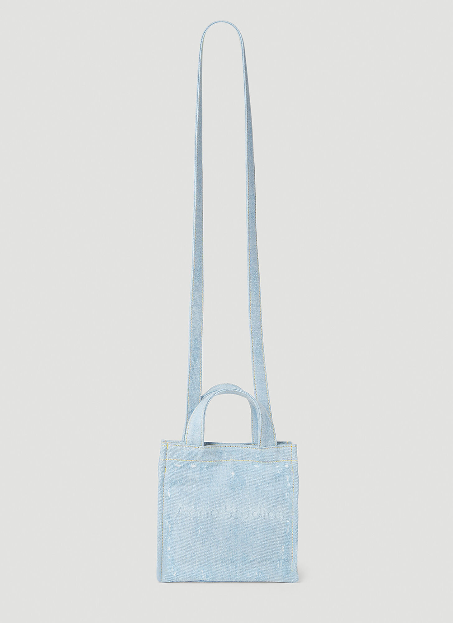 Acne Studios Logo Shopper Mini Destroyed Denim Bag In Blue