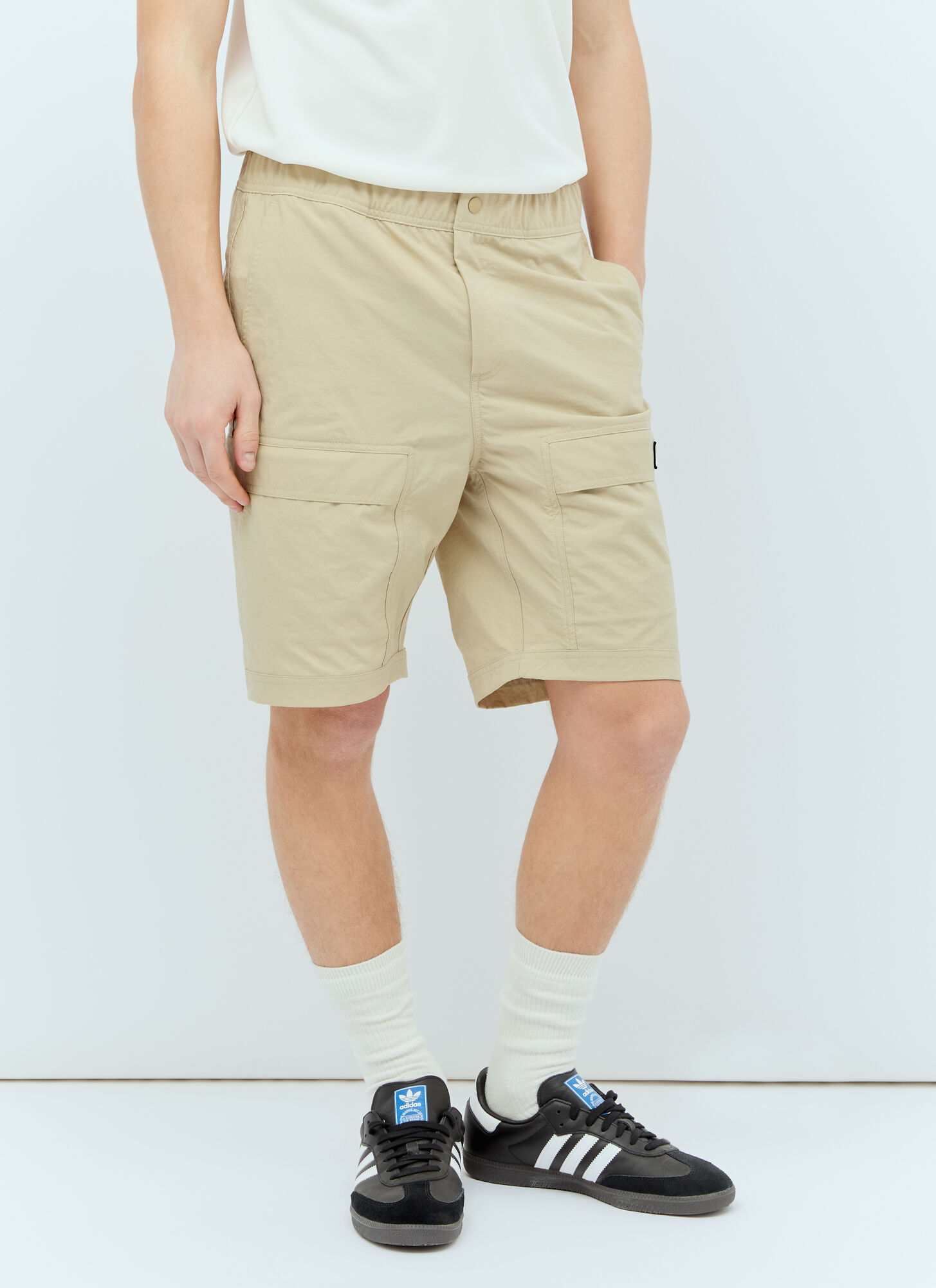 Shop Adidas Originals By Spzl Logo Patch Cargo Shorts In Beige