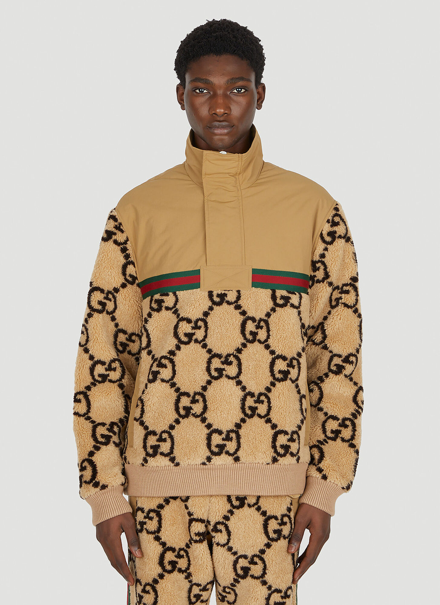 Shop Gucci Gg Jacquard Faux Fur Half-zip Jacket In Camel