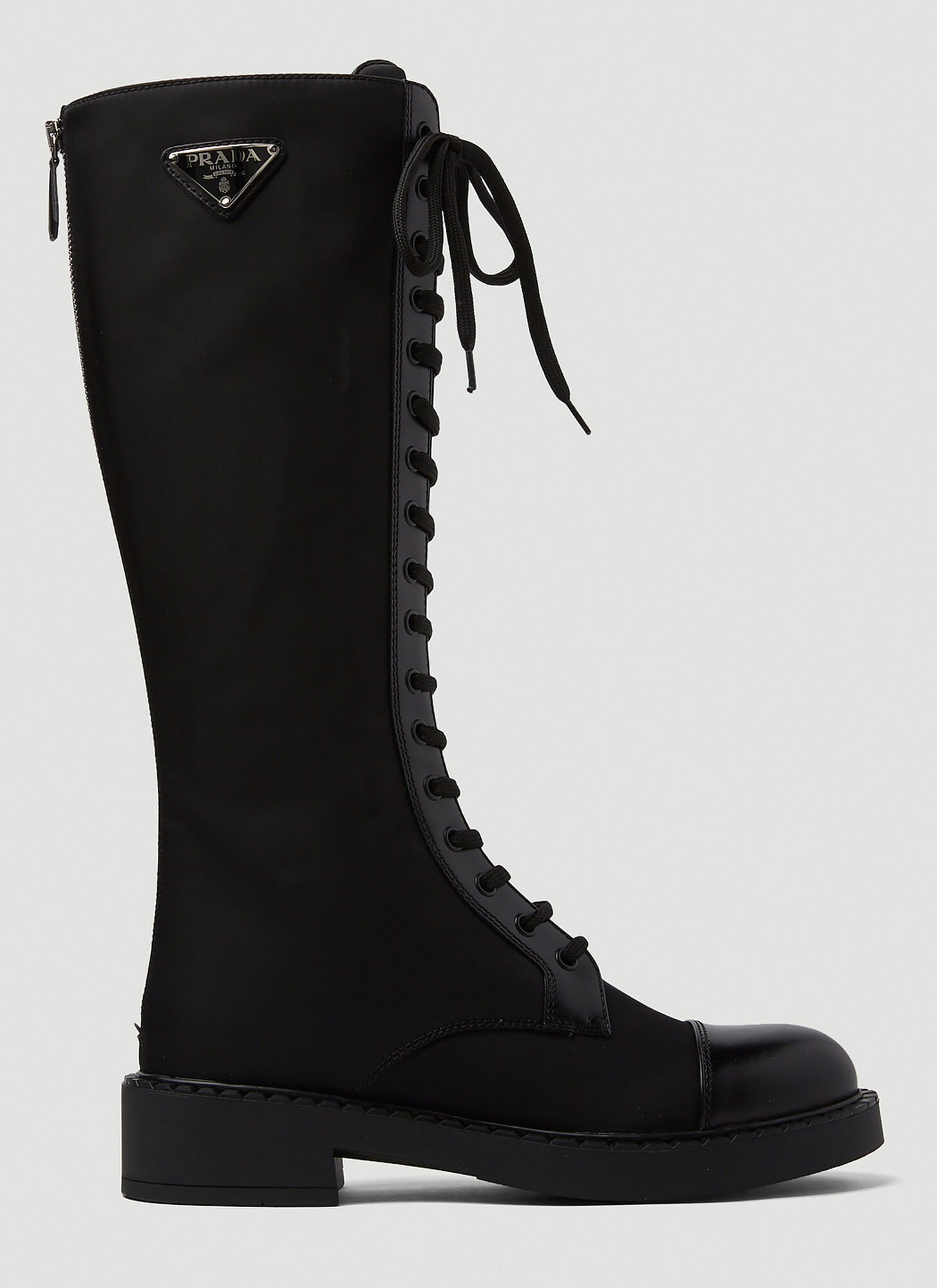 Prada Lace-up Knee-high Leather Boots In Nero