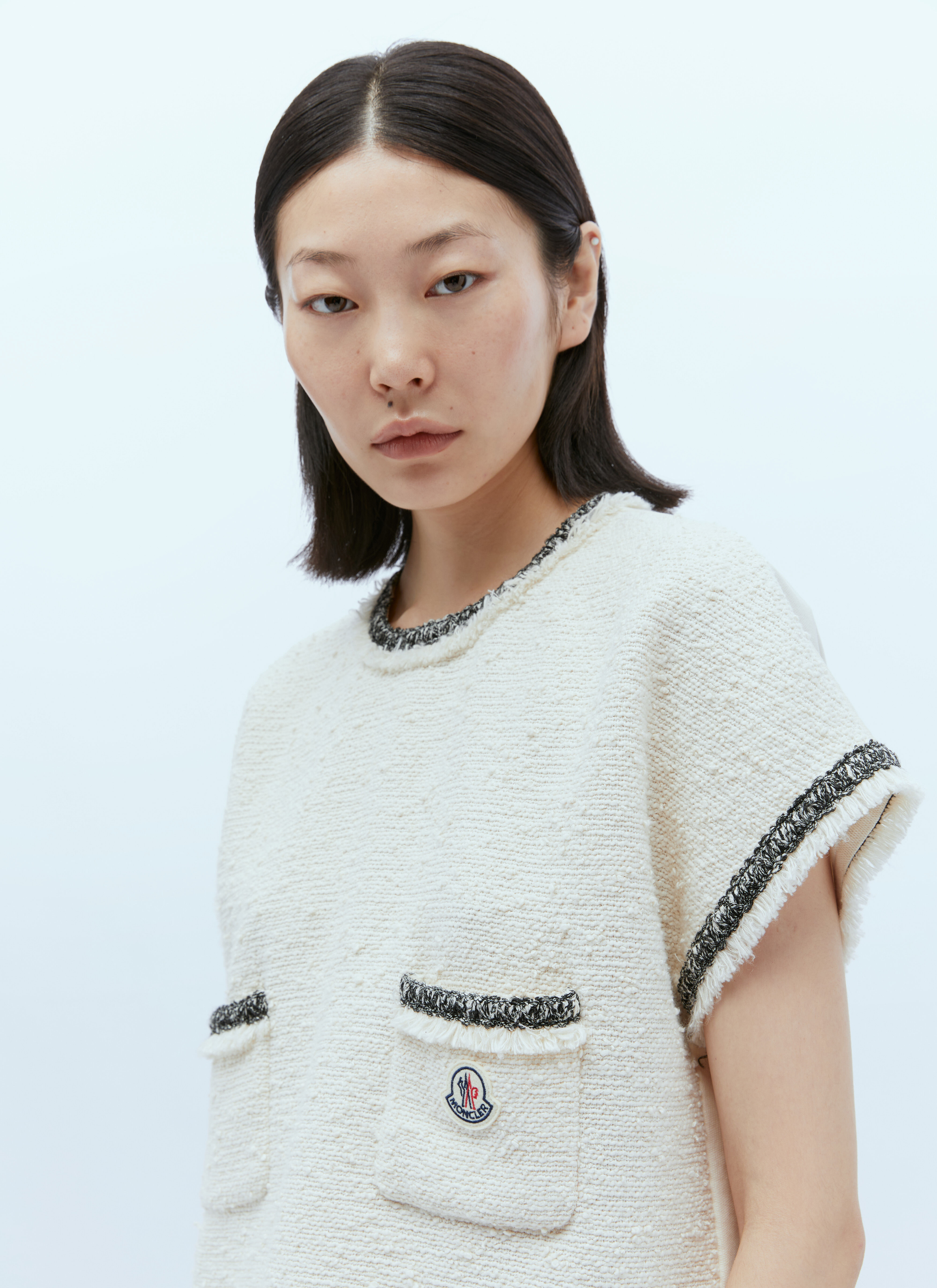 Moncler Short Sleeve Tweed T Shirt in Cream fur Damen LN CC