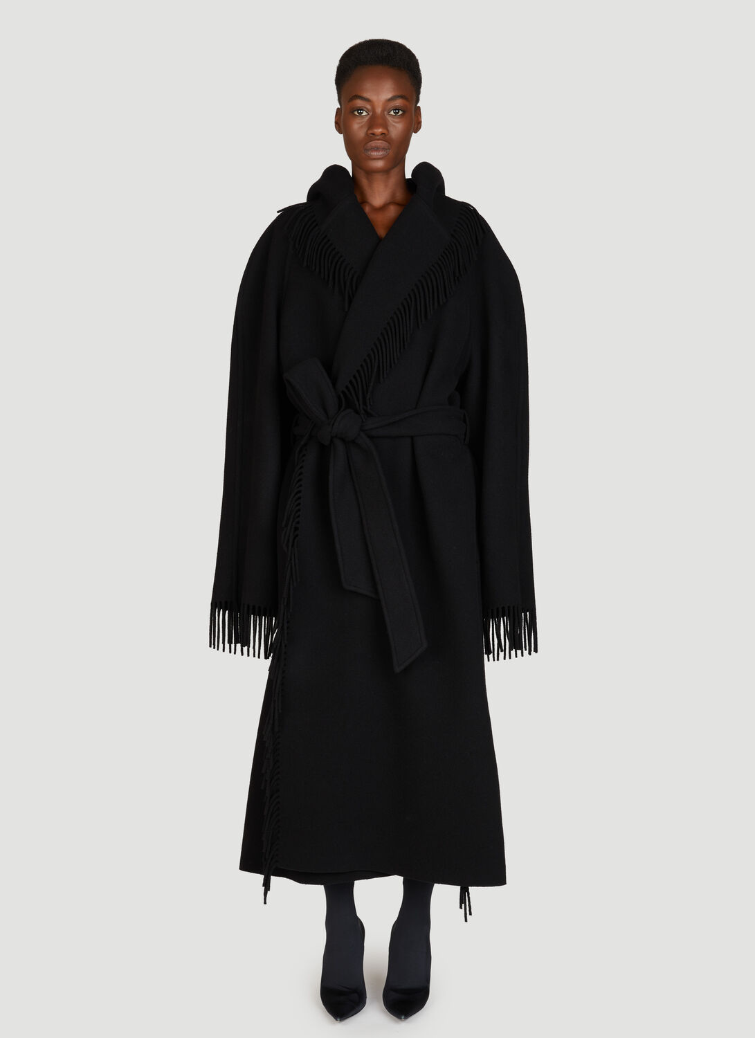 Shop Balenciaga Fringe Coat In Black