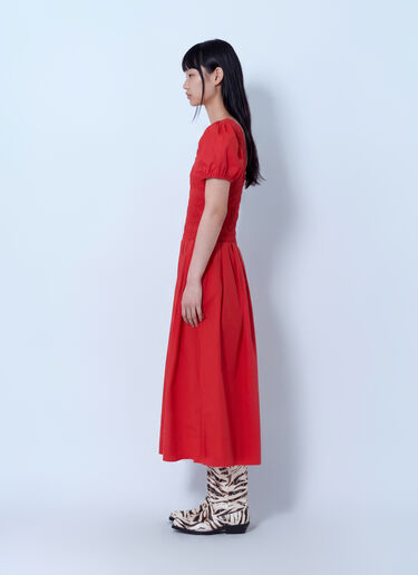 LN-CC® - GANNI: Stretch Cotton Long Smocked Pleated Dress - Red GANNI Stretch Cotton Long Smocked Pleated Dress Red gan0265037