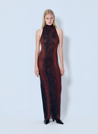 Jean Paul Gaultier Mesh High Neck Python Printed Long Dress Brown jpg0264001