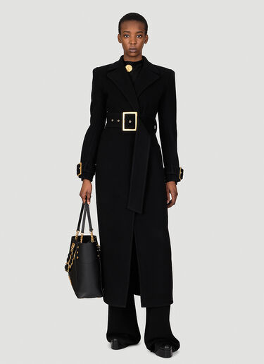 Balmain Belted Double-Breasted Wool Long Coat Black bln0253004