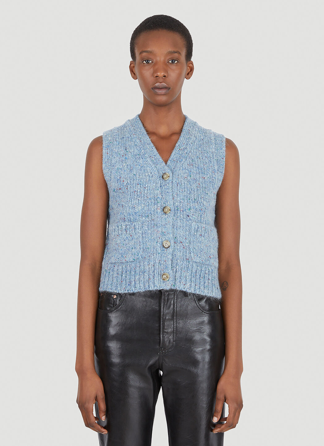 Blue sleeveless cardigan online