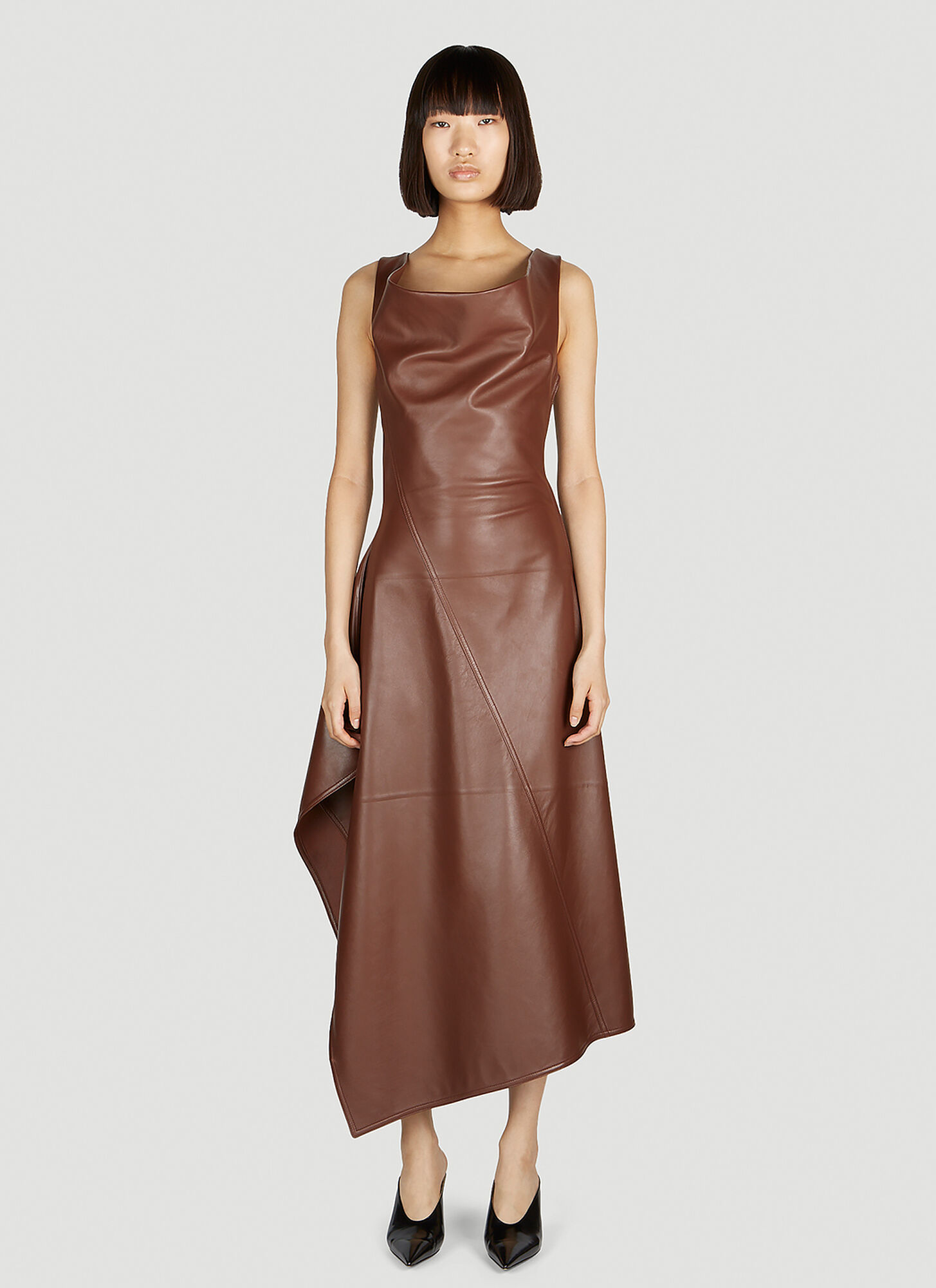 Bottega Veneta Asymmetric Draped Leather Midi Dress In Brown