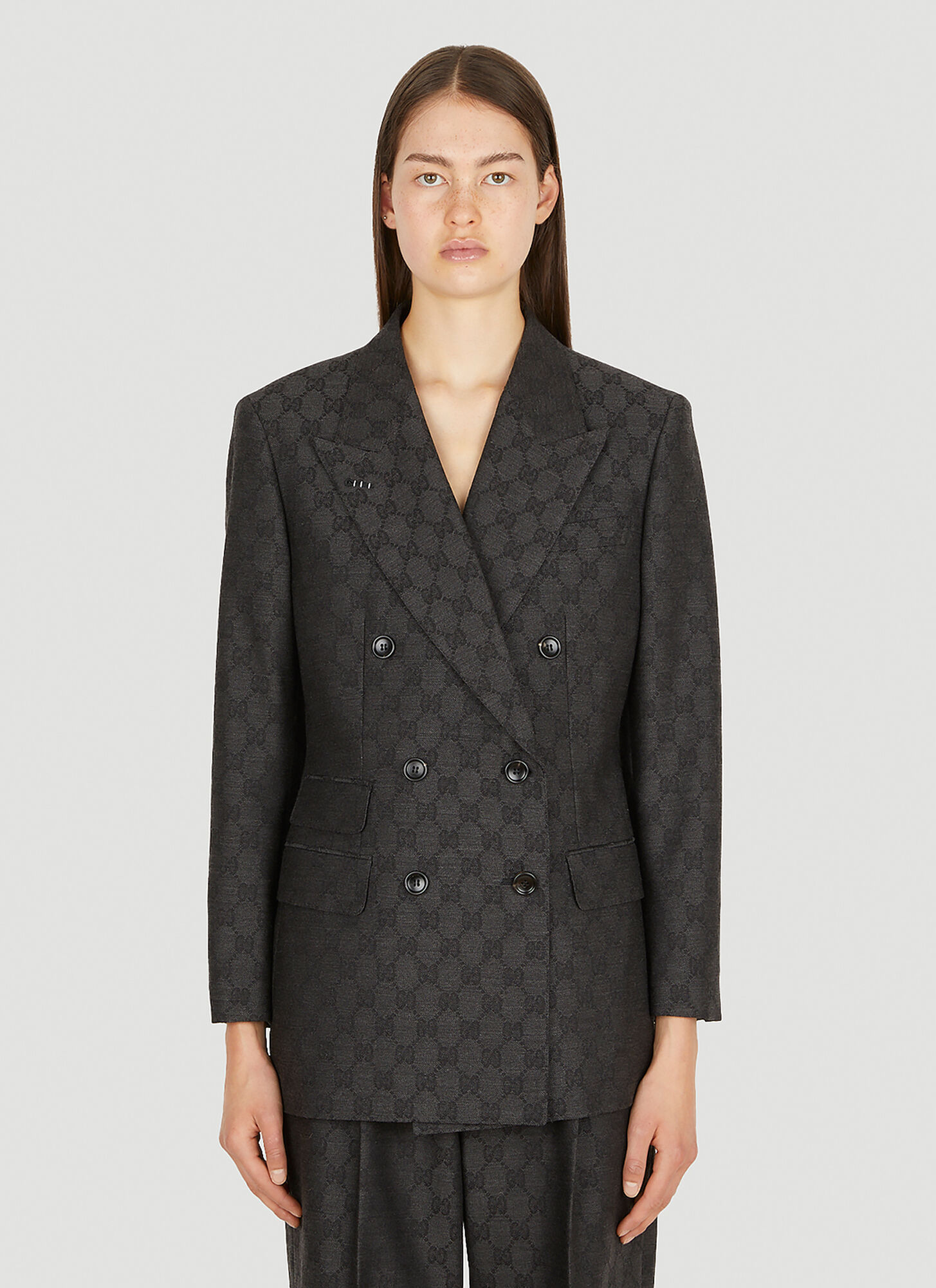 Gucci Monogram-pattern Double-breasted Blazer In Grey