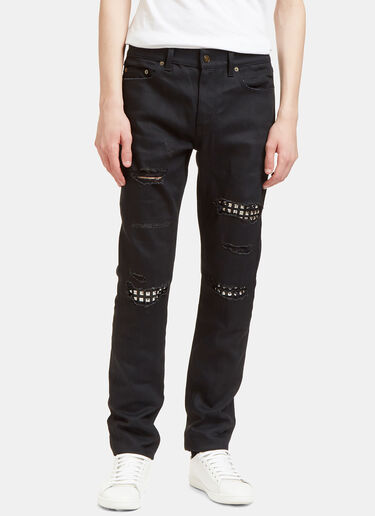 Saint Laurent Destroyed Studded Leather Patch Jeans Black sla0128016