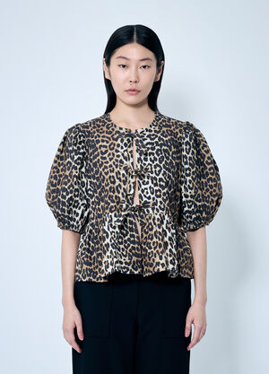 GANNI Leopard Poplin Peplum Blouse Brown gan0259002