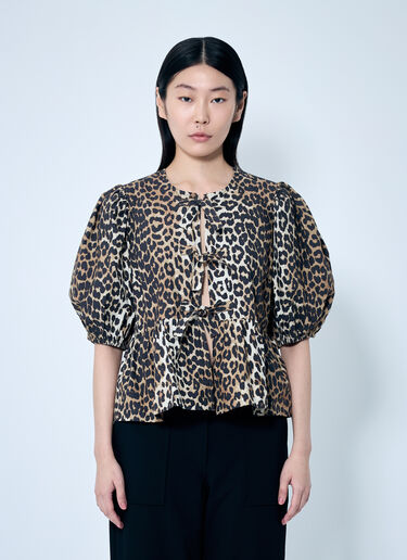 GANNI Leopard Poplin Peplum Blouse Brown gan0259078