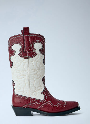 GANNI Mid Shaft Embroidered Western Boots Red gan0265034