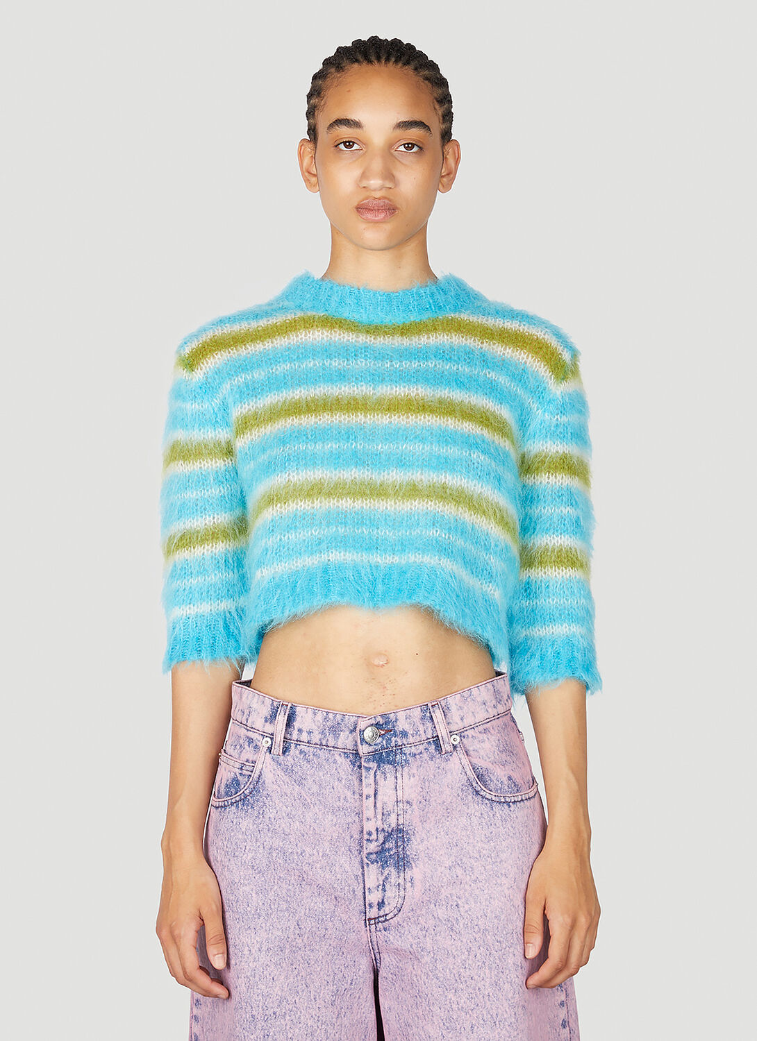 Shop Marni Striped Mohair Crop Sweater In Blue