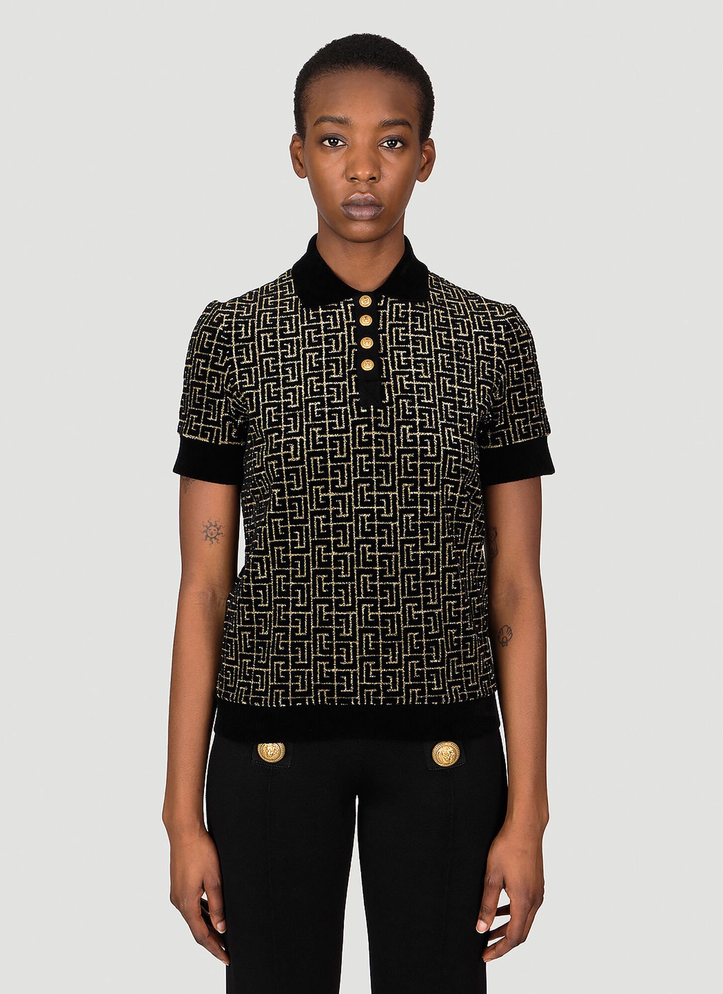 Shop Balmain Velvet Monogram Jacquard Polo Shirt In Black