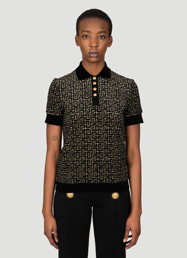 Balmain 丝绒字母花押提花 Polo 衫 黑色 bln0253003