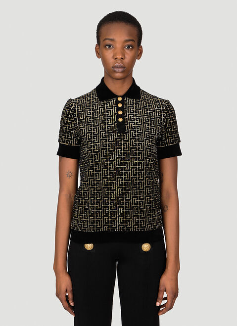Balmain Velvet Monogram Jacquard Polo Shirt Brown bln0254005