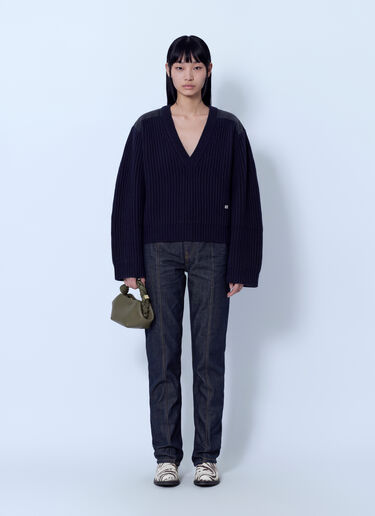 LN-CC® - GANNI: Wool Melange Rib Stripe V Neck - Navy GANNI Wool Melange Rib Stripe V Neck Navy gan0266031