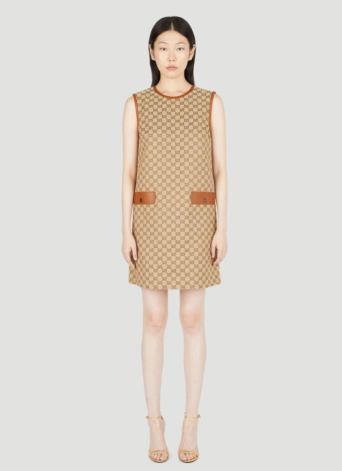 Gucci Gg Leather-trimmed Canvas Minidress In Brown