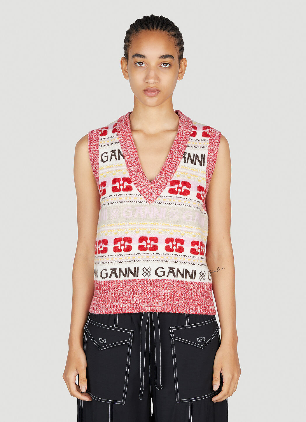 GANNI Intarsia Logo Sweater Vest in Red fur Damen LN CC