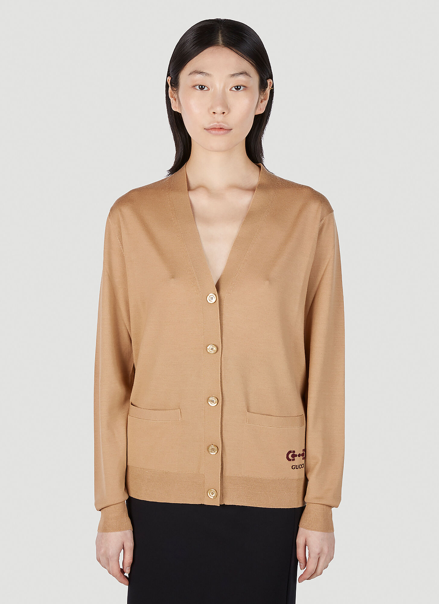 Gucci Embroidered-logo Wool Cardigan In Beige
