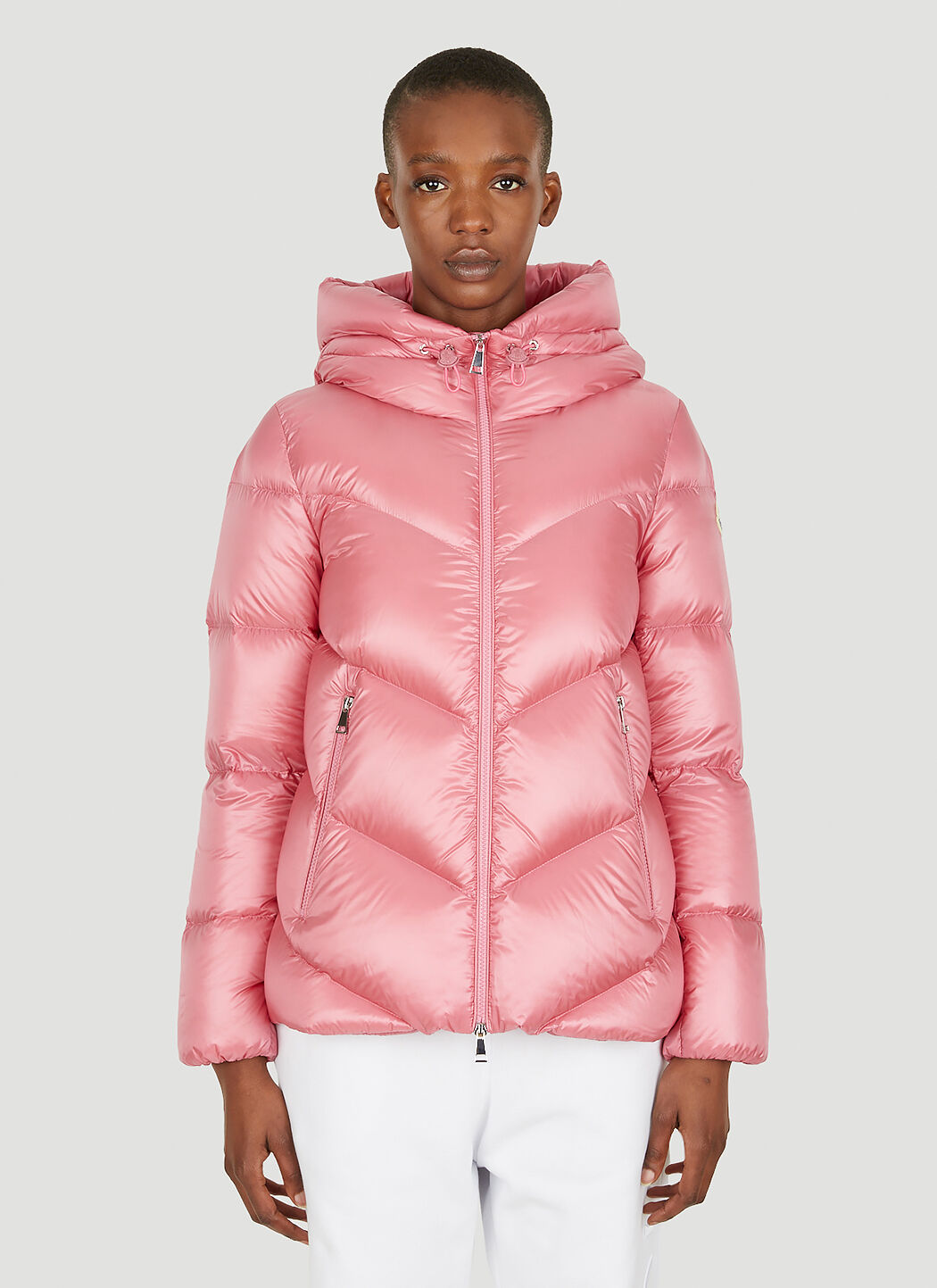 Light pink puffer jacket with clearance hood