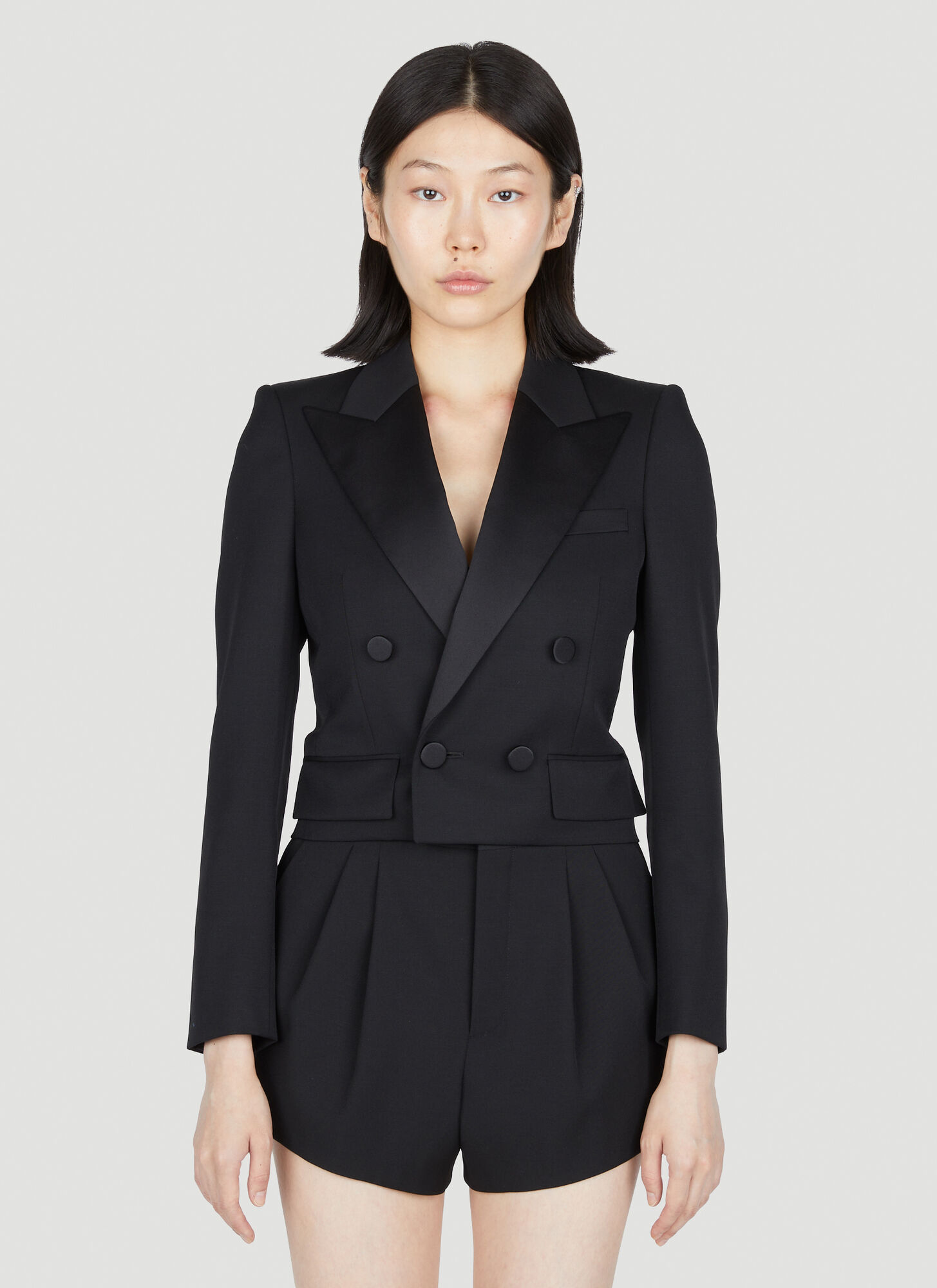 Saint Laurent Cropped Wool Tuxedo Jacket In Black