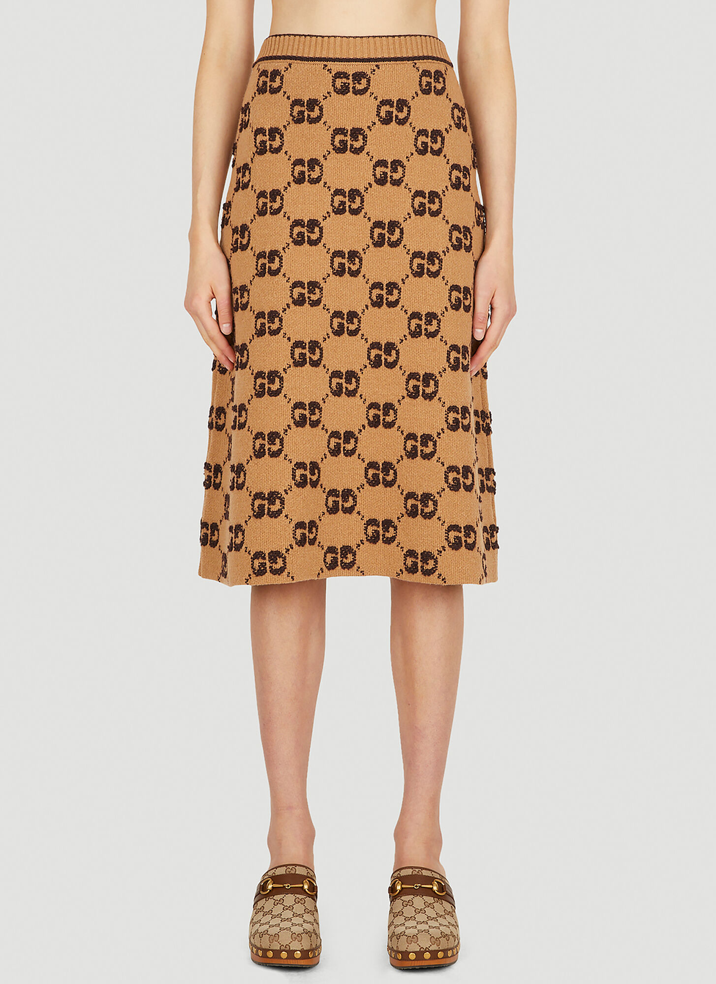 Shop Gucci Logo Jacquard Skirt In Beige