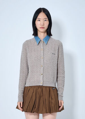 Miu Miu Cable Knit Cardigan with Denim Collar Beige miu0266001
