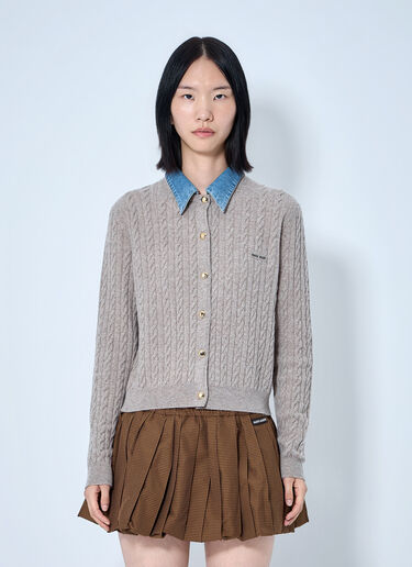 LN-CC® - Miu Miu: Cable Knit Cardigan with Denim Collar - Beige Miu Miu Cable Knit Cardigan with Denim Collar Beige miu0266001