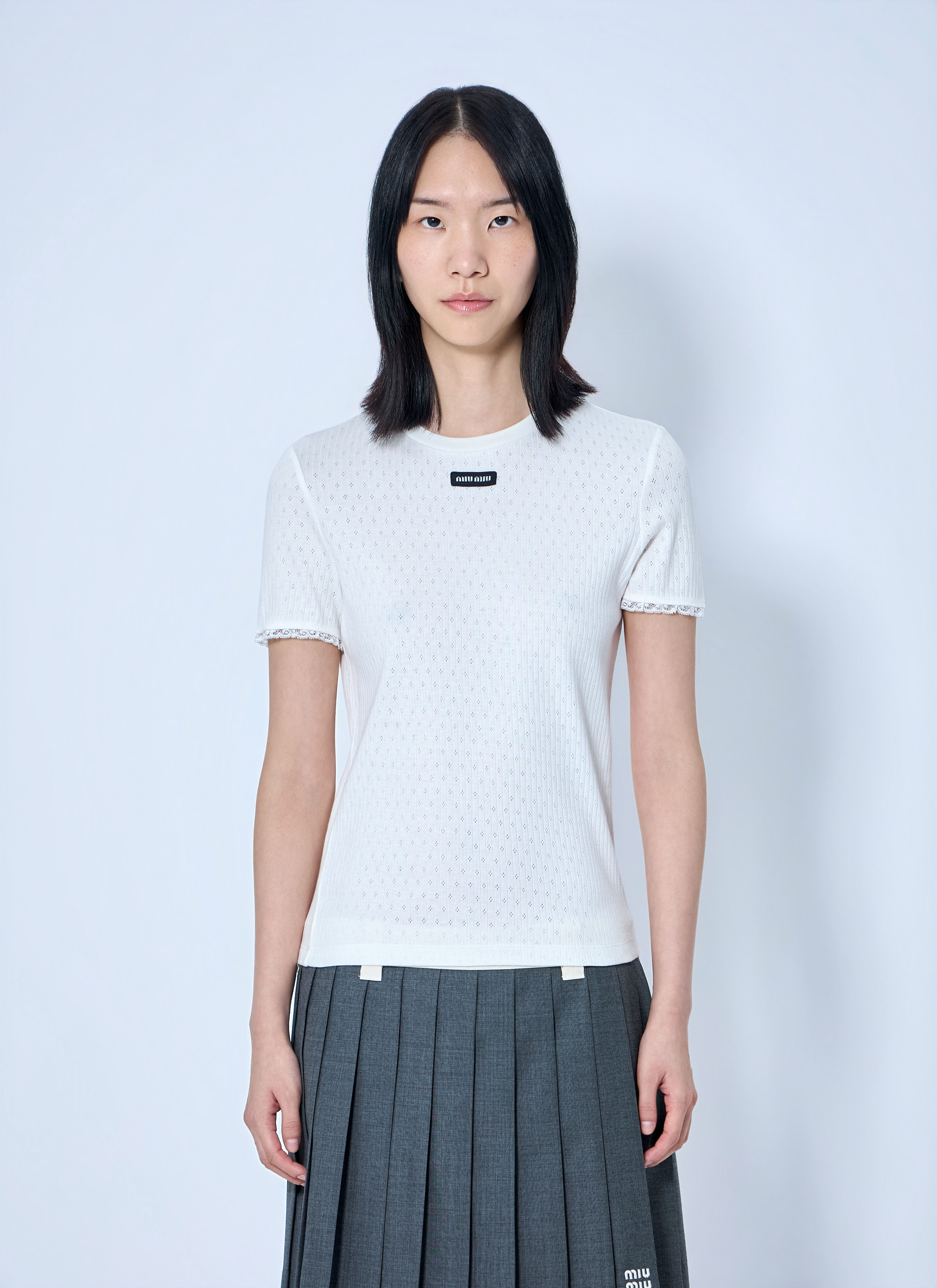 Miu Miu Women's' Lace-Trim Logo-Patch T-shirt in White | LN-CC®