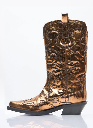 Ganni Mid Shaft Embroidered Metallic Western Boots Brown gan0258046
